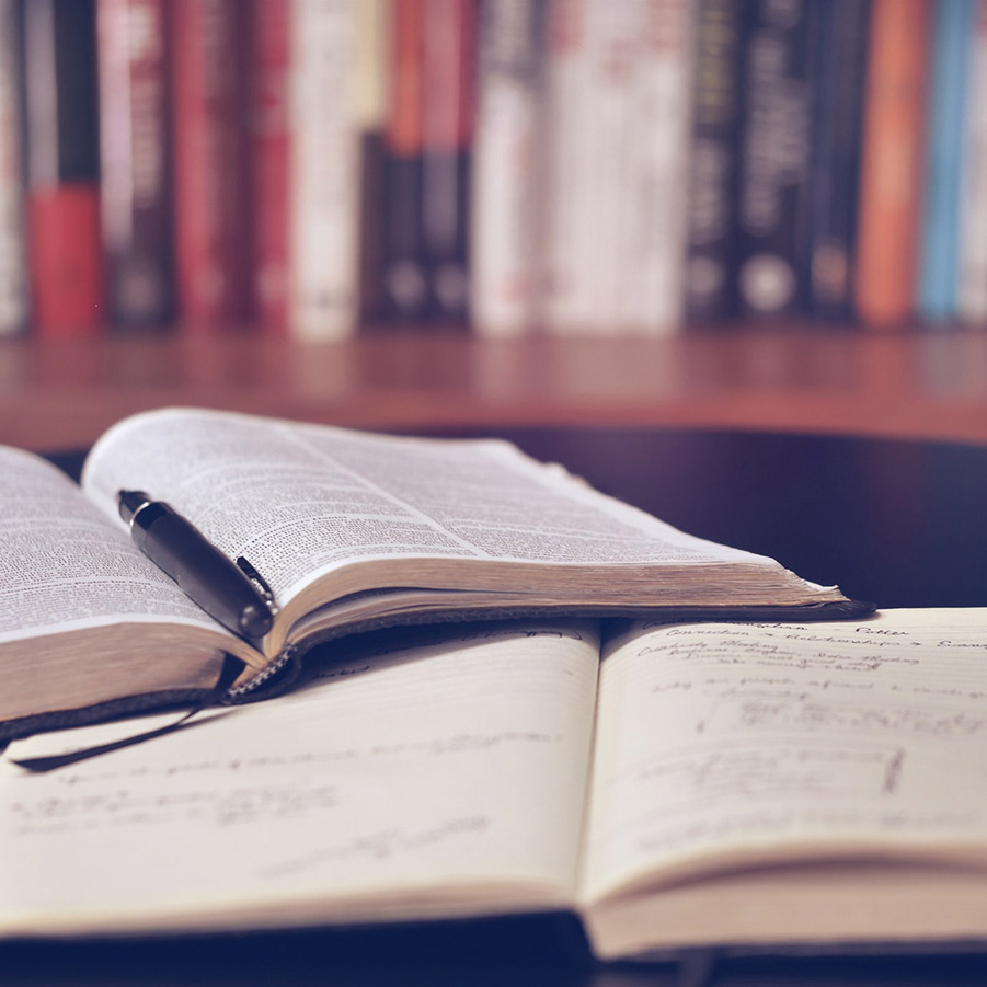 Two books laid open on a table with a pen in the center of one.